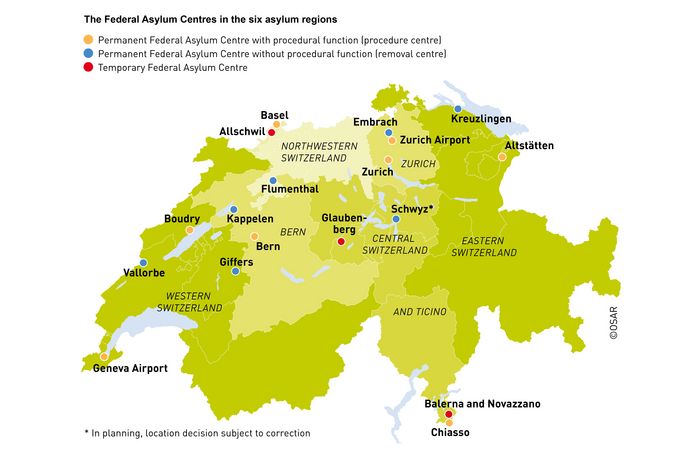 Graph of the federal asylum centres in the six asylum regions